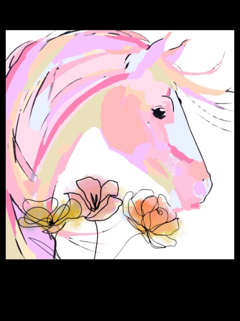 Pastel Horse Logo with flower illustrations and watercolor